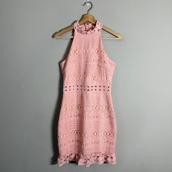 Two Sisters Crochet Overlay Midi Dress Women's 4 Pink Sheer High Neck Cocktail - Picture 2 of 14